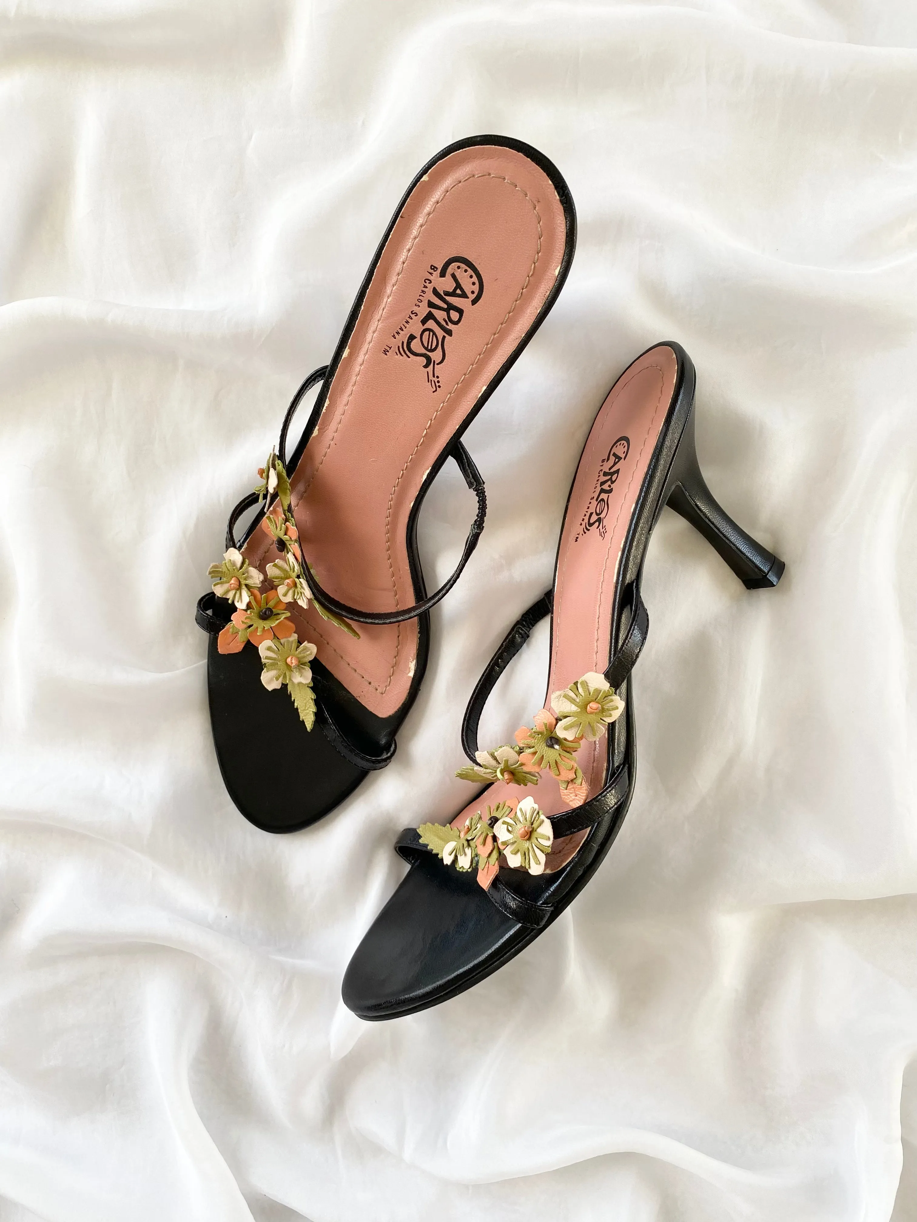 2000s Black Carlos Santana Open Toe Strappy Flower Heels (10)