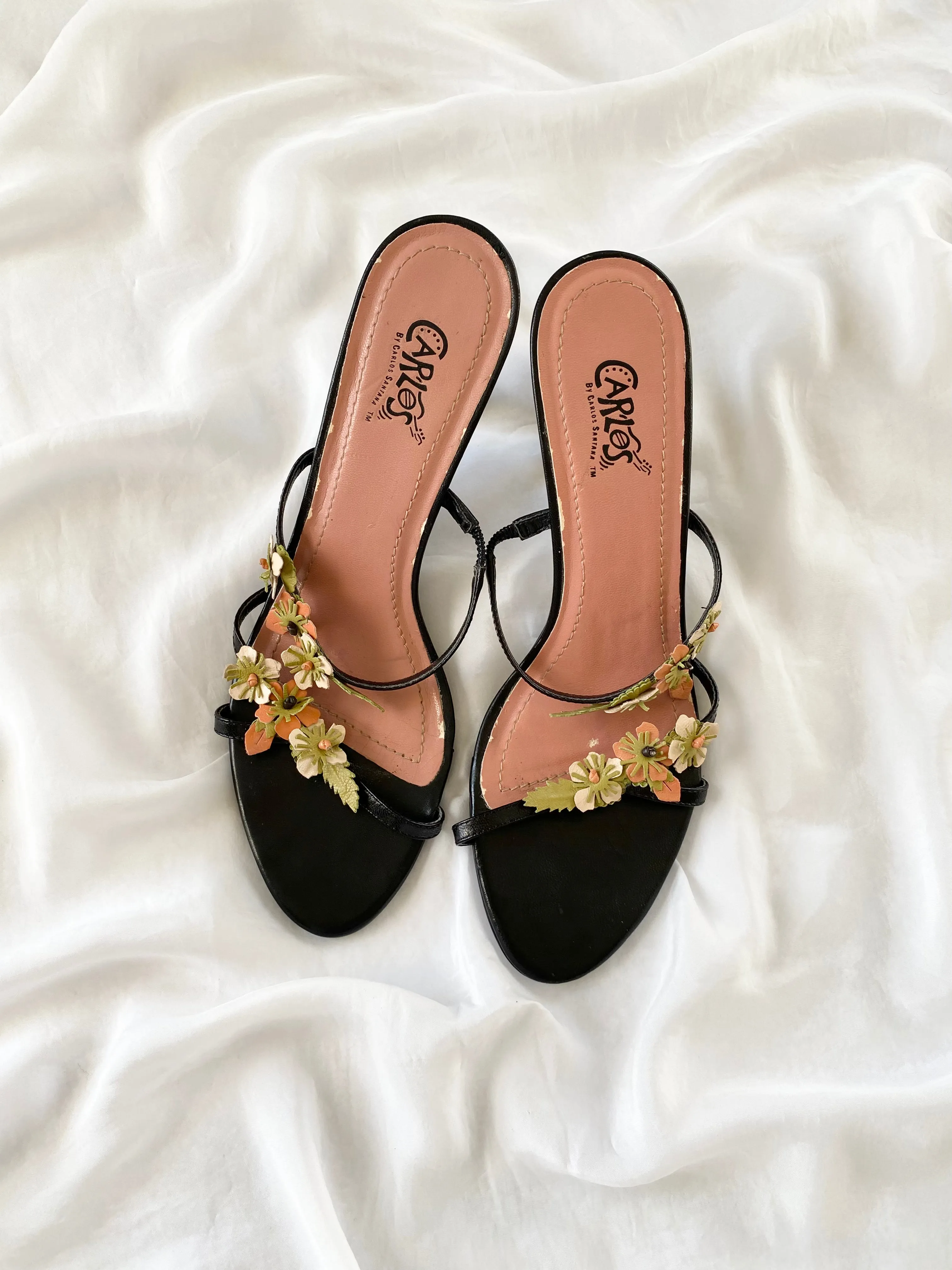2000s Black Carlos Santana Open Toe Strappy Flower Heels (10)
