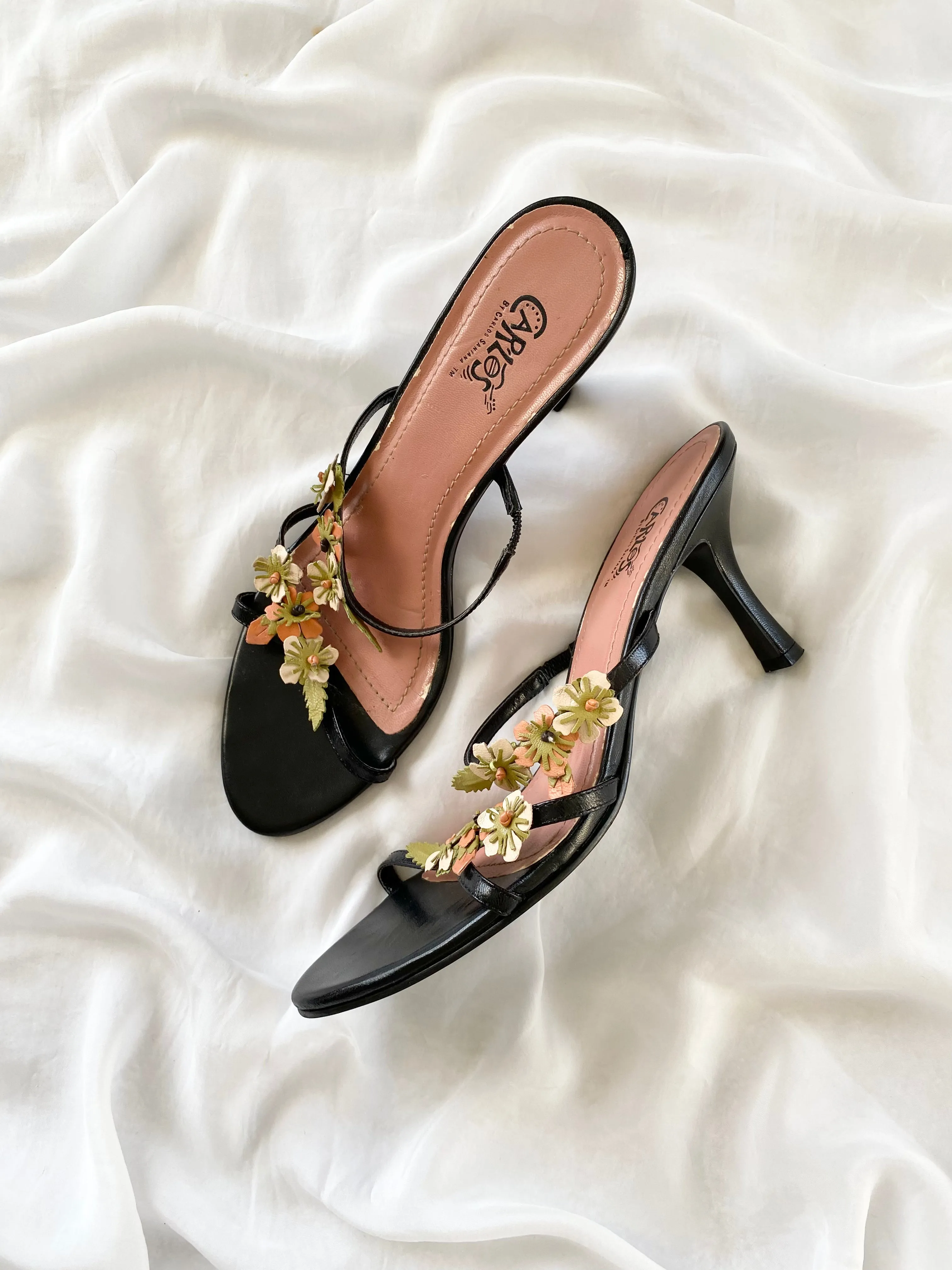 2000s Black Carlos Santana Open Toe Strappy Flower Heels (10)