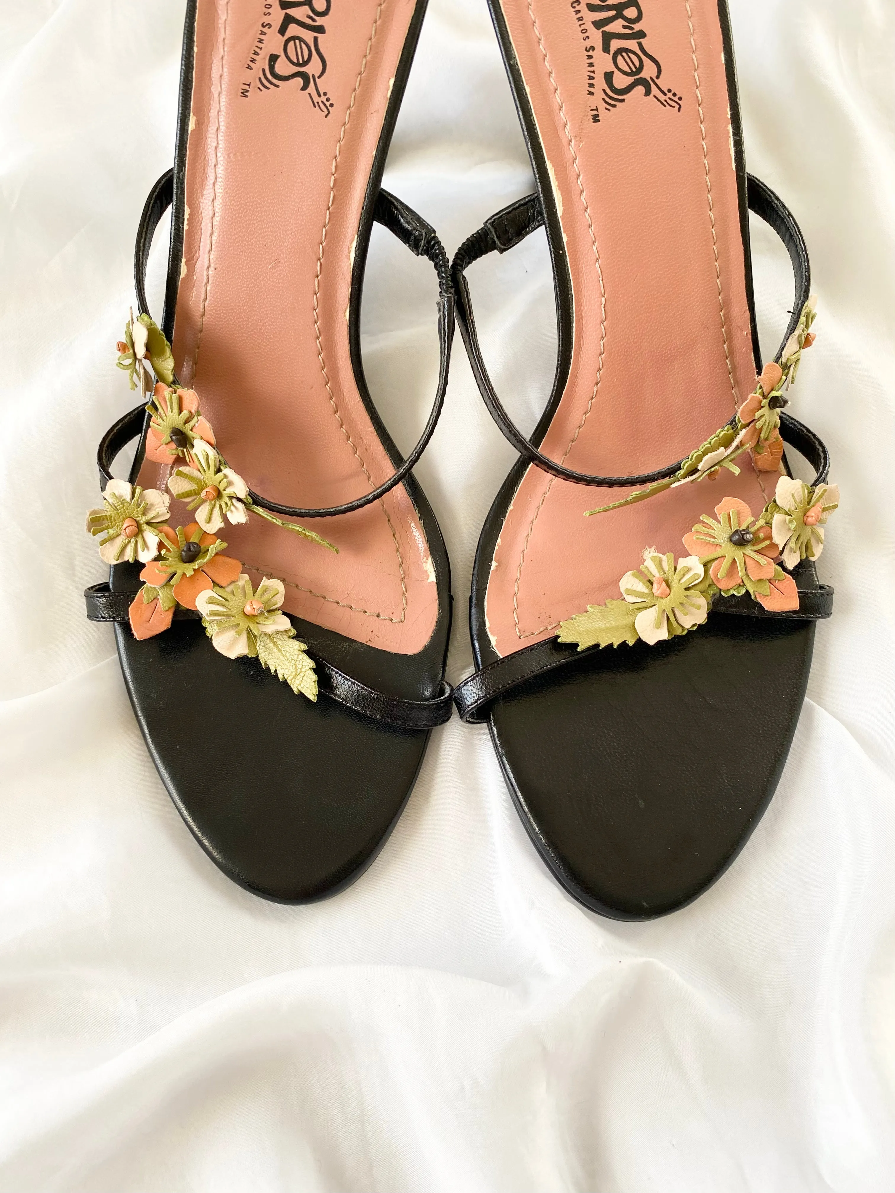 2000s Black Carlos Santana Open Toe Strappy Flower Heels (10)