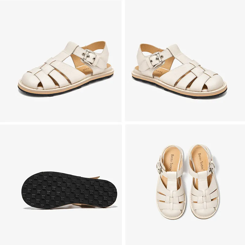 BeauToday Leather Round Closed-Toe Gladiator Fisherman Shoes for Women