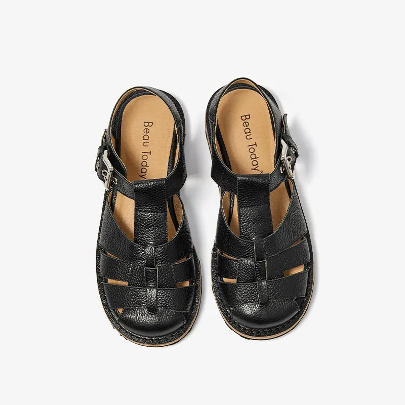 BeauToday Leather Round Closed-Toe Gladiator Fisherman Shoes for Women