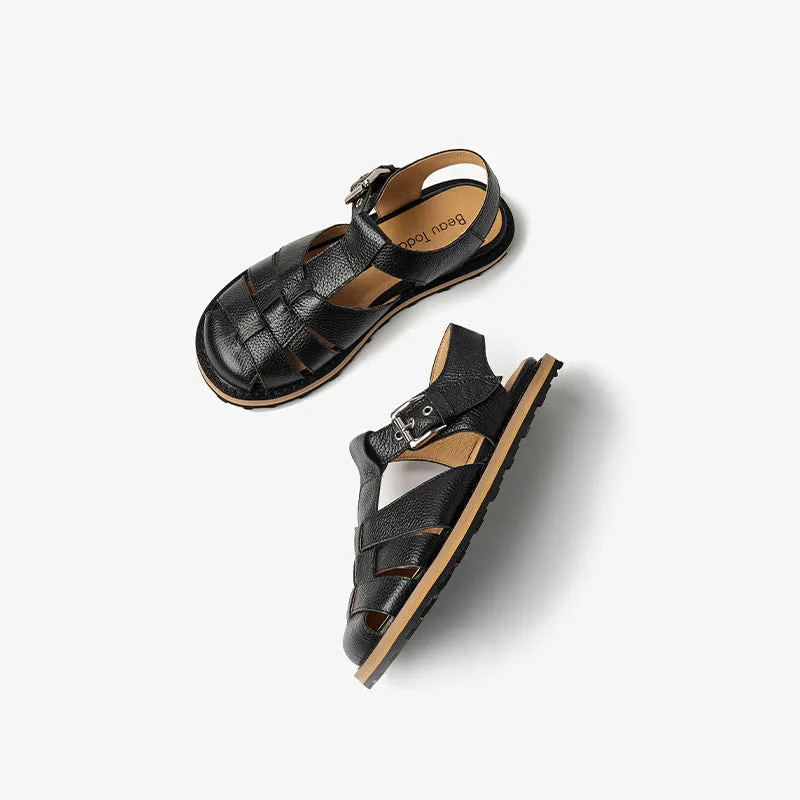 BeauToday Leather Round Closed-Toe Gladiator Fisherman Shoes for Women