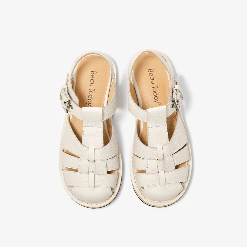 BeauToday Leather Round Closed-Toe Gladiator Fisherman Shoes for Women