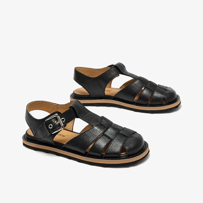 BeauToday Leather Round Closed-Toe Gladiator Fisherman Shoes for Women