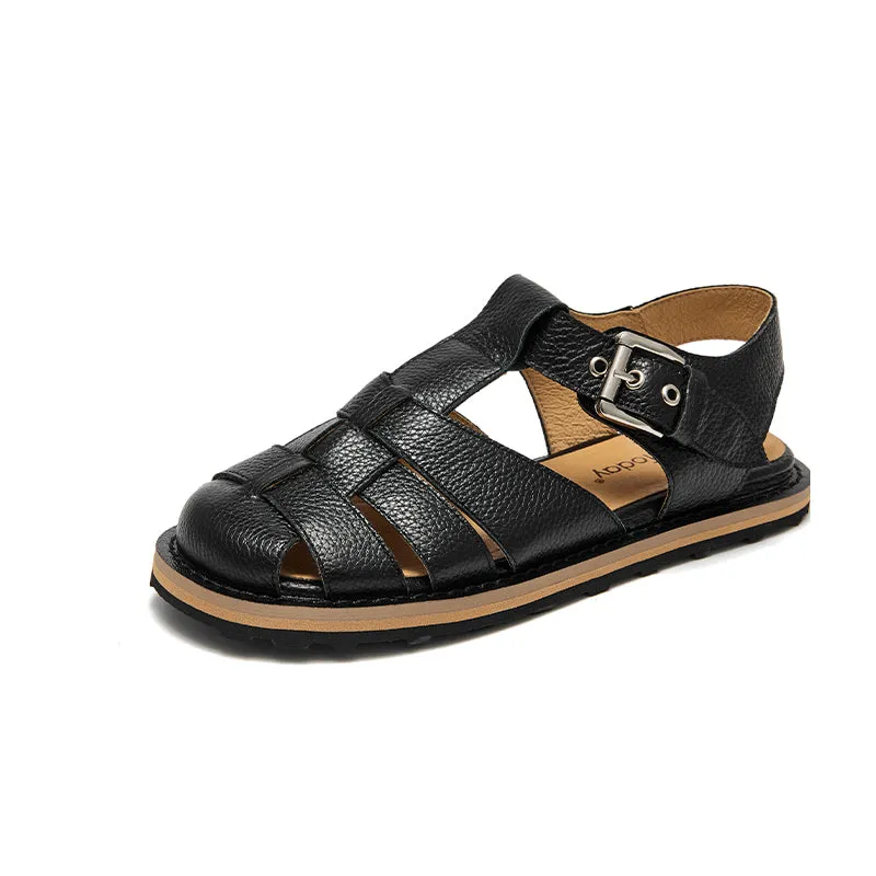 BeauToday Leather Round Closed-Toe Gladiator Fisherman Shoes for Women