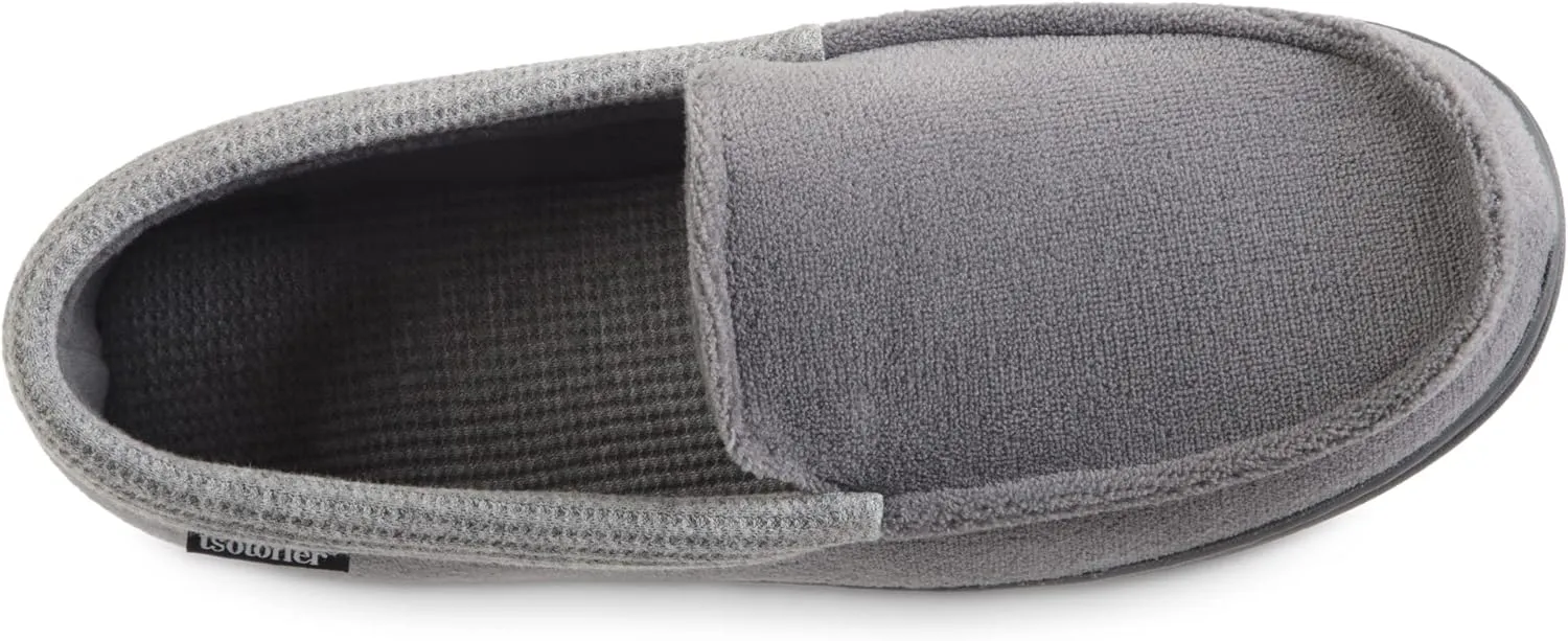 isotoner Men's Microterry and Waffle Travis Moccasin Slippers With Memory Foam Insole and Durable Rubber Outsole