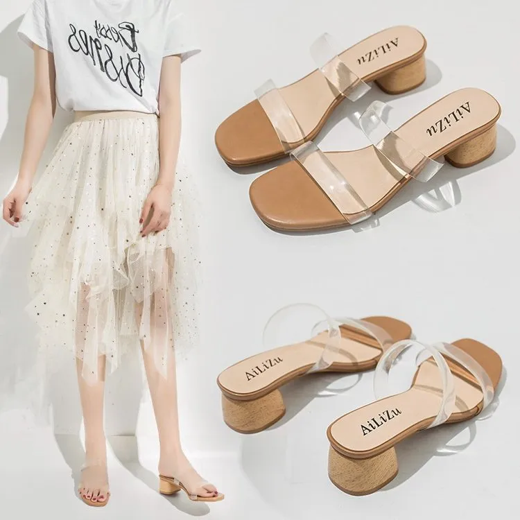 Nude Strappy Block Heels Transparent Slippers