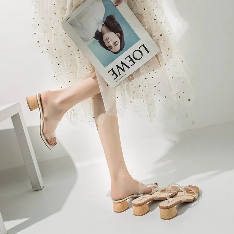Nude Strappy Block Heels Transparent Slippers