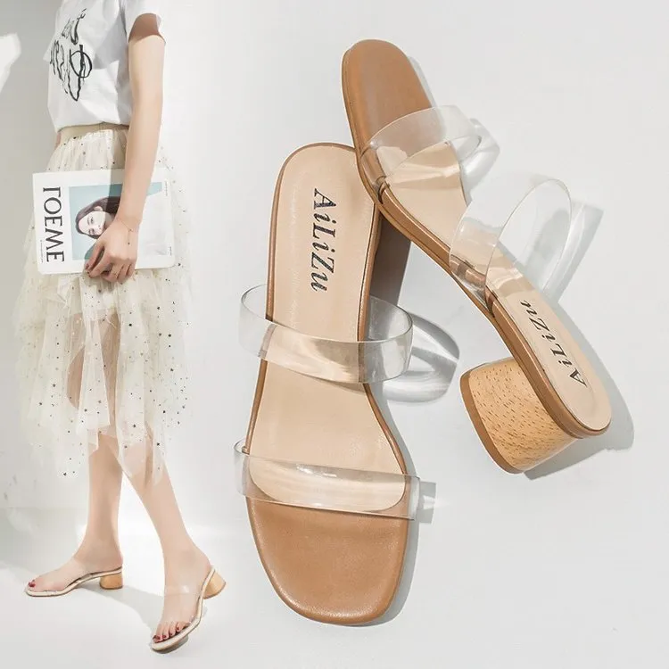 Nude Strappy Block Heels Transparent Slippers