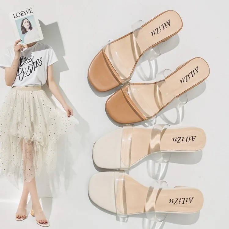 Nude Strappy Block Heels Transparent Slippers