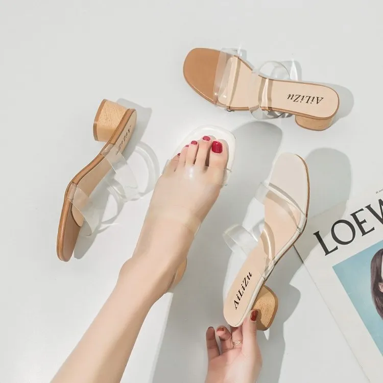 Nude Strappy Block Heels Transparent Slippers