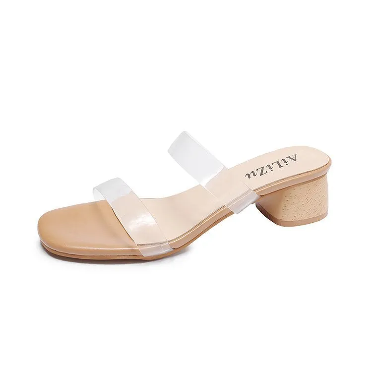 Nude Strappy Block Heels Transparent Slippers