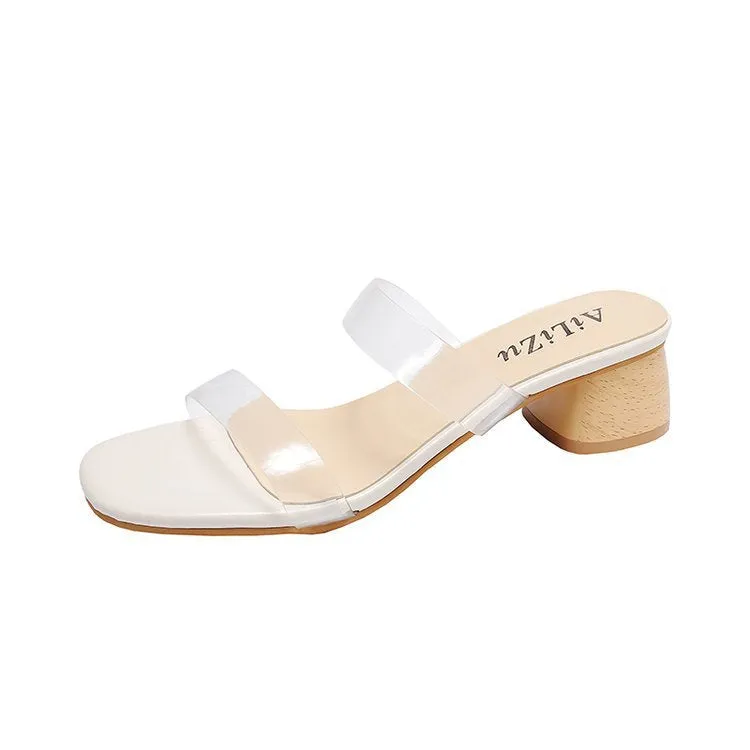 Nude Strappy Block Heels Transparent Slippers