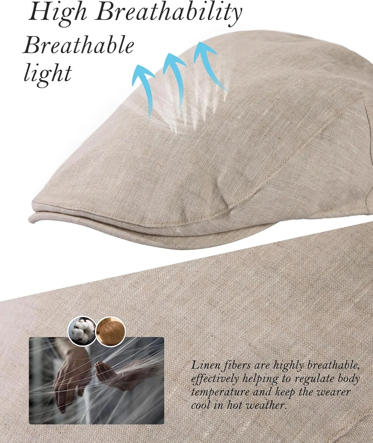 TOP-EX XL/XXL Mens 100% Linen Flat Cap Summer Cooling Newsboy Hats Cotton Lining