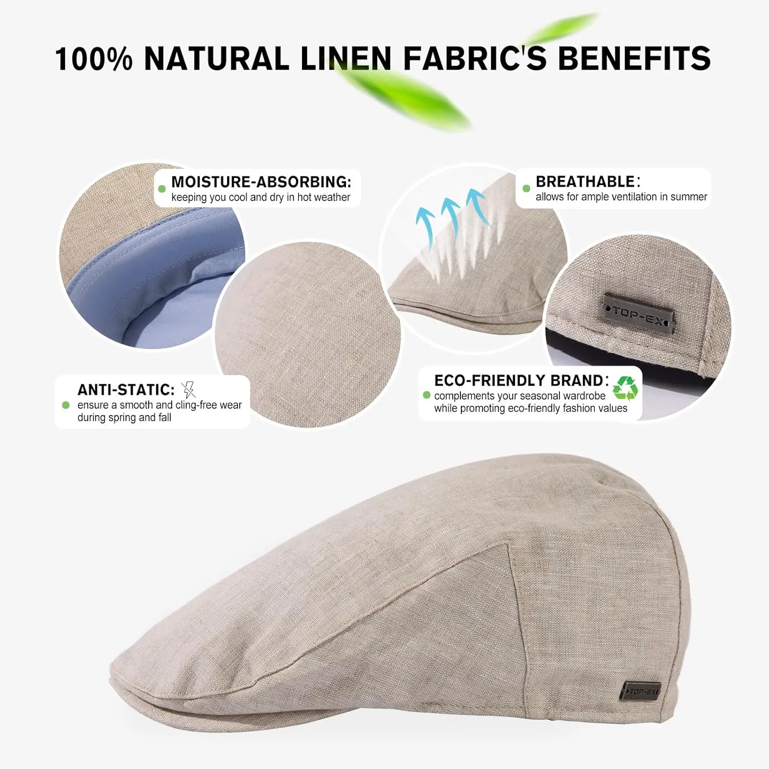 TOP-EX XL/XXL Mens 100% Linen Flat Cap Summer Cooling Newsboy Hats Cotton Lining