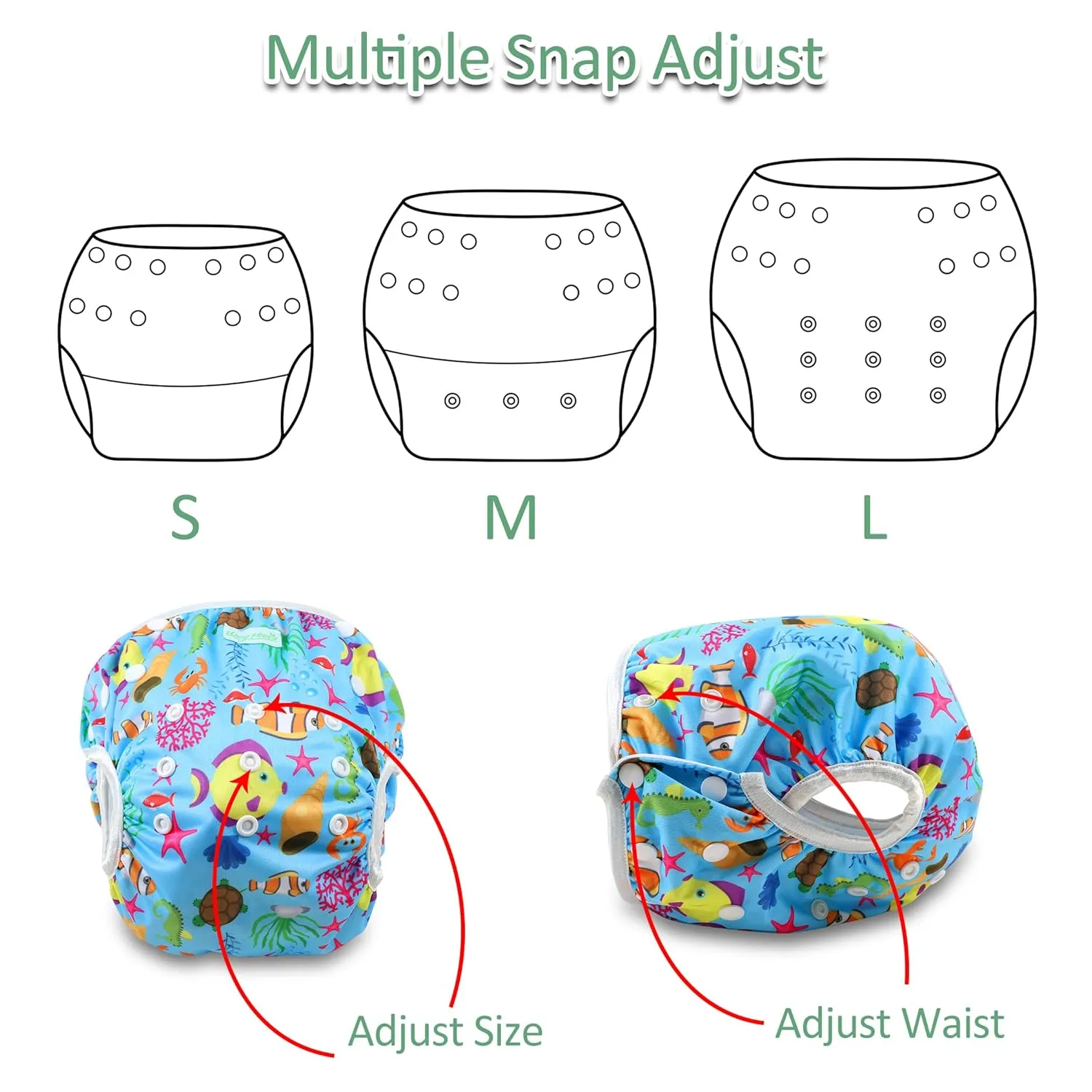 wegreeco Baby & Toddler Snap One Size Adjustable Reusable Baby Swim Diaper (Diving, Ocean, Turtle, Large, 3 Pack)