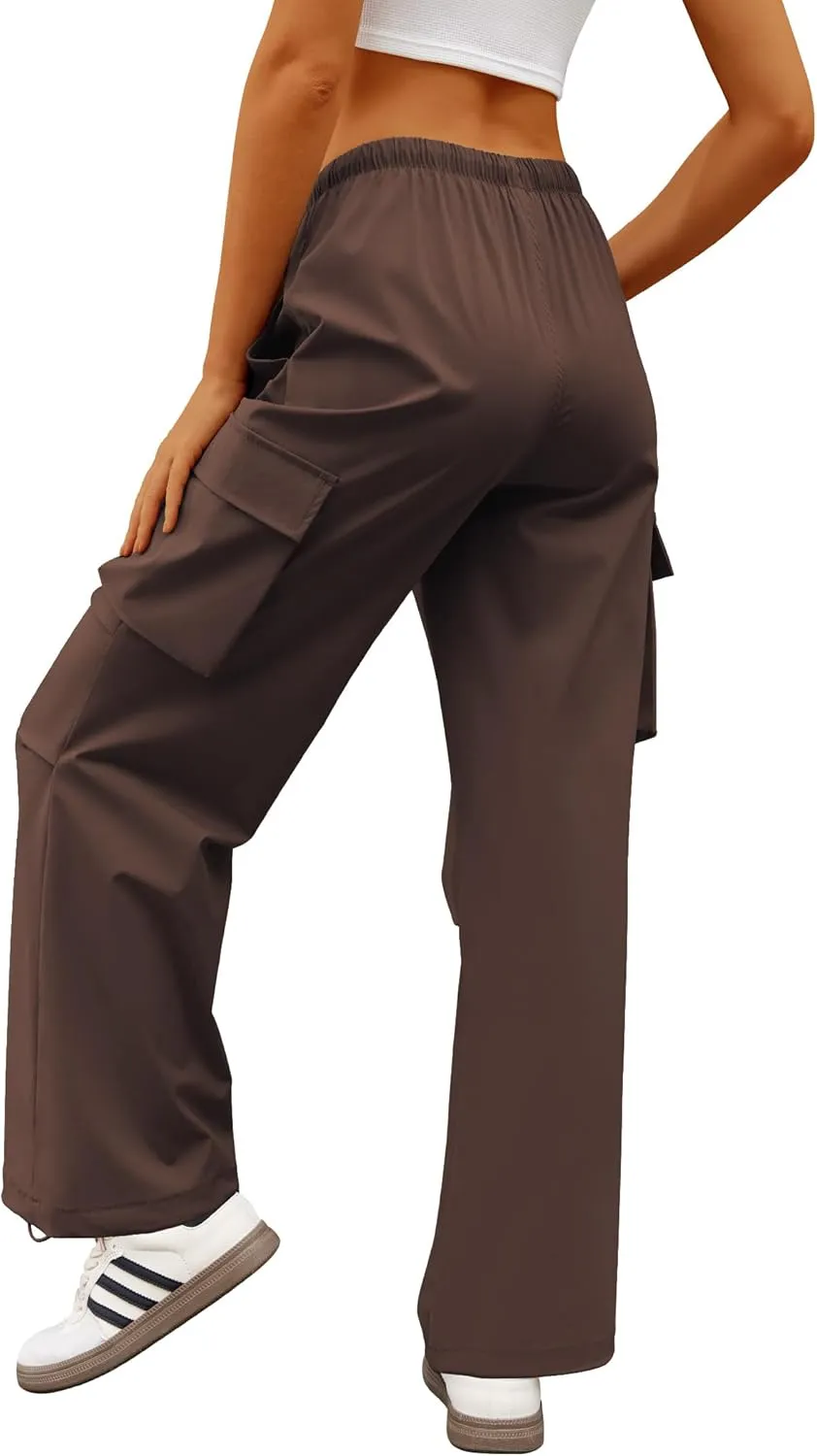 Womens Cargo Pants Elastic Waist Wide Leg Parachute Pants with 4 Pockets Baggy Hiking Trousers Travel Y2K Waterproof