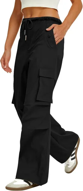 Womens Cargo Pants Elastic Waist Wide Leg Parachute Pants with 4 Pockets Baggy Hiking Trousers Travel Y2K Waterproof